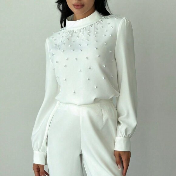 White Elegant Women's Romantic Pearl detailed Ruched Long Sleeve Blouse - Picture 3 of 6